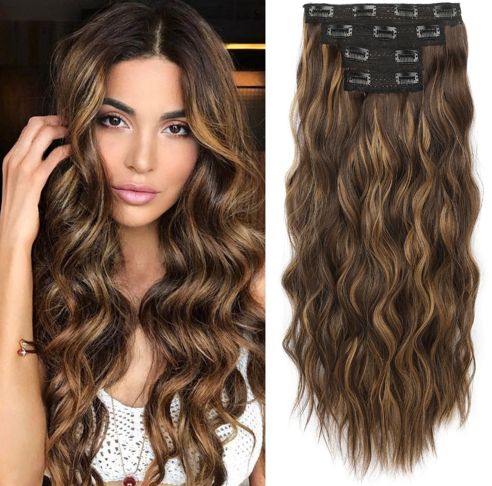 24” Beach Wave Clip-In Extensions‎ • Dark Brown w/ Highlights • 4PCS